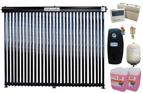 Pachet Panou solar presurizat cu tuburi vidate Heat Pipe Fornello 30 tuburi, destinat producerii de apa calda menajera, controller, vas expansiune, grup pompare, aerisitor 1/2, antigel