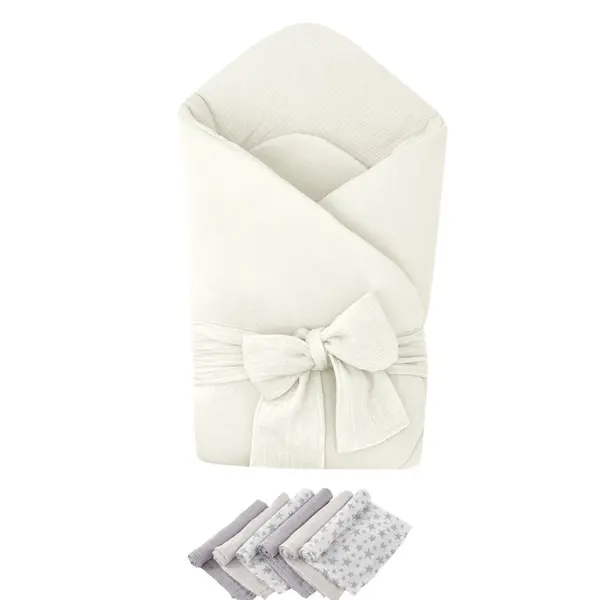 Pachet Paturica de infasat Cream, Qmini, Din muselina dubla si 6 scutece 35x35 cm din muselina de bambus