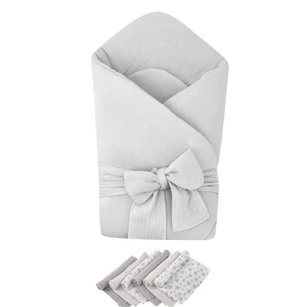 Pachet Paturica de infasat Grey, Qmini, Din muselina dubla si 6 scutece 35x35 cm din muselina de bambus