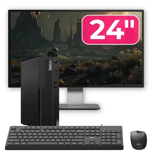 Pachet PC Refurbished Lenovo ThinkCentre M70s SFF, Intel Pentium Gold G6400 4.00GHz, 8GB DDR4, 256GB SSD NVMe + Monitor 24" + cadou tastatura si mouse OptimX Pro KM500