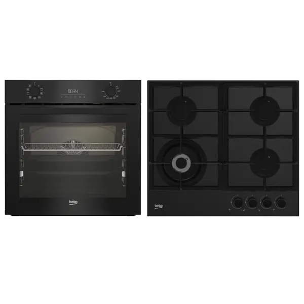 Pachet plita gaz + cuptor electric Beko BBSM17330BCS, 3D Cooking, Arzator Wok, Clasa A+, Negru