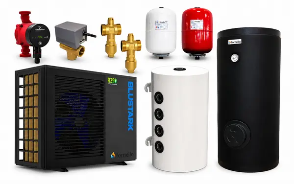 Pachet pompa de caldura Fornello BLUSTARK monobloc, aer-apa, ecologica R290, 8.3 kW, Qsense 9, Boiler Fornello Sol 200 litri 2S, Puffer 80 litri, pompa circulatie Grundfos Alpha, Vana deviatoare 3 cai, Valve anti-inghet si Vase expansiune