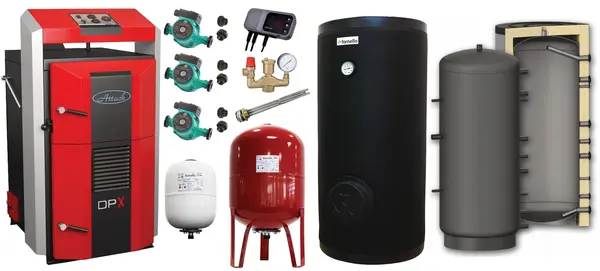 Pachet premium Cazan (centrala) pe combustibil solid, Attack DPX Standard cu gazeificare, 45 kW, Puffer 1000 litri, boiler de sol cu rezistenta, 2 x vas expansiune, 3 x pompe circulare, controller pompa, grup siguranta si vana sts