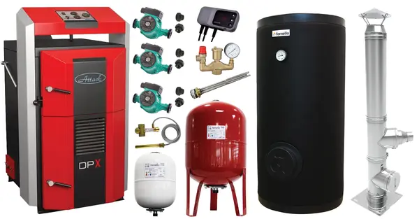 Pachet premium Cazan (centrala) pe combustibil solid, Attack DPX Standard cu gazeificare, 45 kW, cos inox, boiler de sol cu rezistenta, 2 x vas expansiune, 3 x pompe circulare, controller pompa, grup siguranta si vana sts