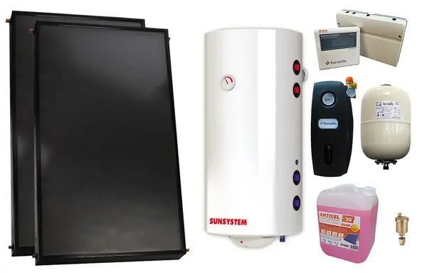 Pachet premium sistem solar presurizat, 2 x Panou solar plan Fornello 2.0 m² SPFP, Boiler cu 2 serpentine si rezistenta electrica Sunsystem BB NL2 200 PRL 3KW, grup pompare, controller, vas expansiune, antigel, aerisitor 1/2