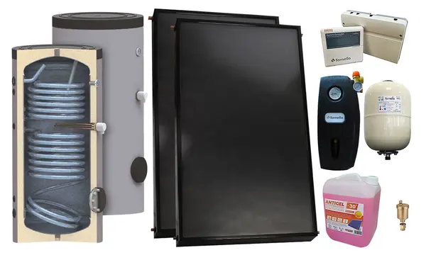 Pachet premium sistem solar presurizat, 2 x Panou solar plan Fornello 2.0 m² SPFP, Boiler cu 2 serpentine SON 150 l, grup pompare, controller, vas expansiune, antigel, aerisitor 1/2
