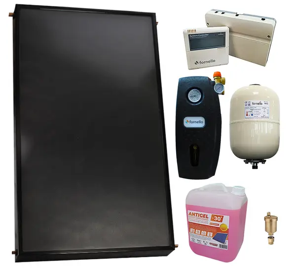 Pachet premium sistem solar presurizat fara boiler, Panou solar plan Fornello 2.0 m² SPFP, grup pompare, controller, vas expansiune, antigel, aerisitor 1/2