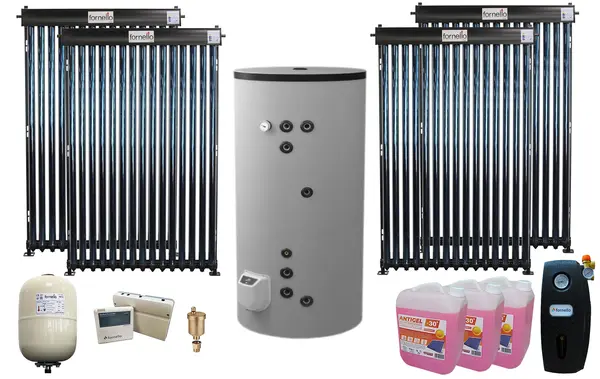 Pachet premium sistem solar presurizat, Fornello 4 x 15 Tuburi Heat Pipe, Boiler cu 2 serpentine Eldom FV50080S21, 9000 W, 500 l, controller, vas expansiune, grup pompare, aerisitor 1/2, antigel