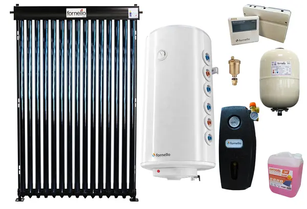 Pachet premium sistem solar presurizat, panou Fornello 15 Tuburi Heat Pipe, Boiler cu 2 serpentine Fornello Optima GCV7/4S 150 l, controller, vas expansiune, grup pompare, aerisitor 1/2, antigel