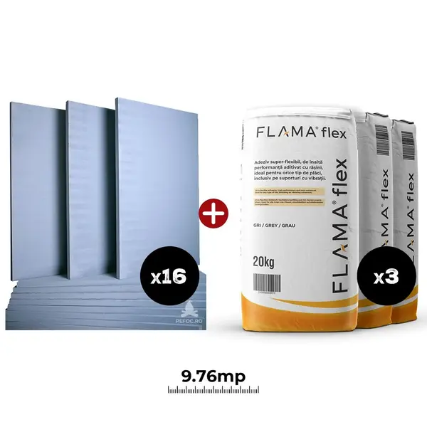 Pachet profesional cu 3 saci adeziv ultra-flexibil FlamaFlex si 13 placi silicat de calciu pentru constructie semineu