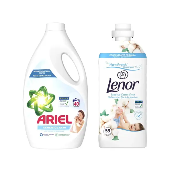Pachet promo Ariel Detergent lichid, 1.8 L, 40 spalari, Sensitive Skin + Lenor Balsam de rufe 1.239 L, 59 spalari, Sensitive Cotton Fresh