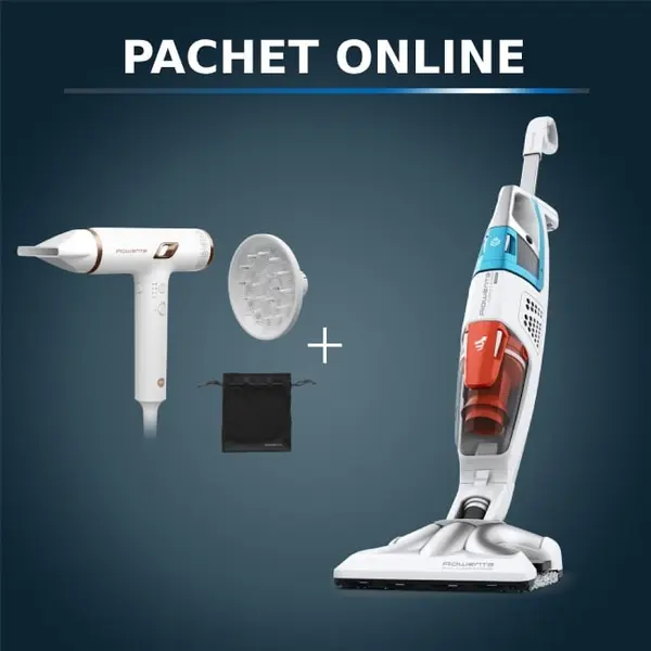 Pachet PROMO Aspirator cu abur Rowenta Clean & Steam Multi RY8544WH 1700W & Uscator de par compact Rowenta Nano HY8140F0 1700W