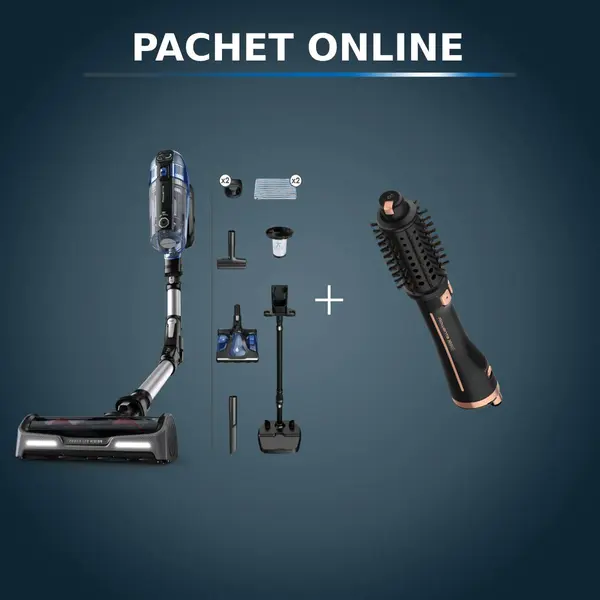 Pachet PROMO Aspirator vertical fără fir Rowenta X-Force Flex 14.6 Aqua RH99C3WO & Perie rotativă cu aer cald Rowenta Ultimate Experience CF9620F0