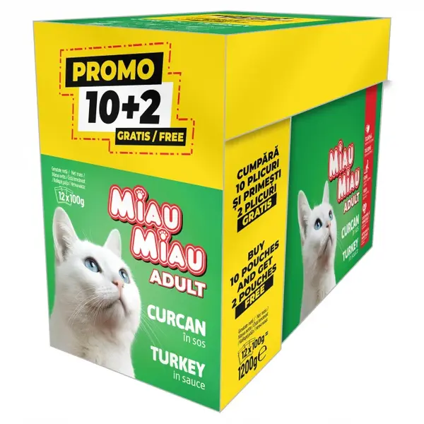 Pachet PROMO Hrana umeda pentru pisici Miau Miau cu curcan 12 buc x 100 gr
