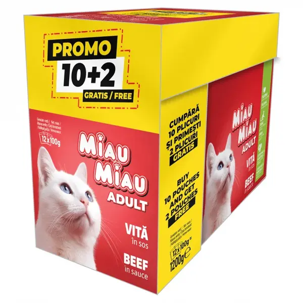 Pachet PROMO Hrana umeda pentru pisici Miau Miau cu vita 12 buc x 100 gr