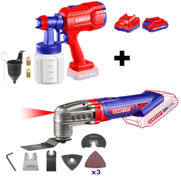 Pachet promo Instrument multifunctional, 6 viteze, 8 accesorii + Pistol de vopsit cu 800ml + 2 Acumulatori cu incarcator