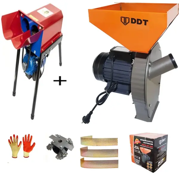 Pachet promo Moara cereale, uruiala si stiuleti, 3.5 Kw + Batoza de curatat porumb dubla cu motor inclus, DDT, 1800 W, 500 kg h