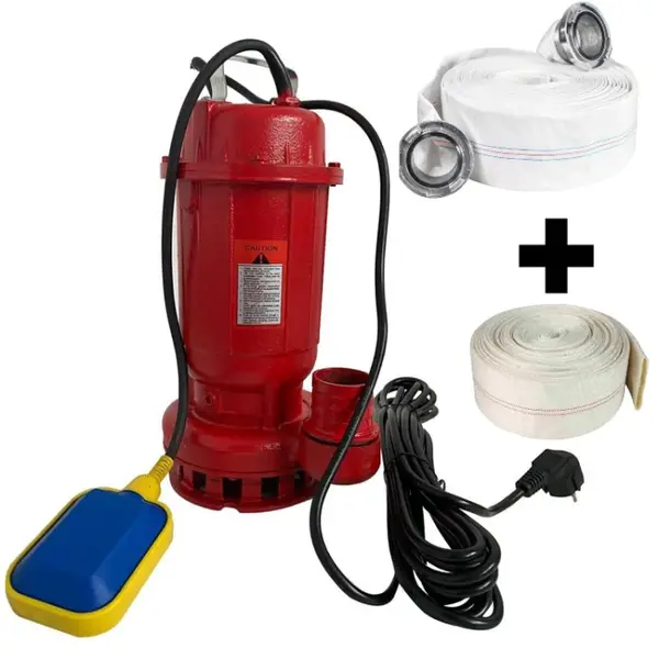 Pachet promo Pompa apa murdara din fonta DDT rosie WQD10 cu plutitor, 1100 W, 15 m ³ h + Furtunul de pompier 2 20 m, 8 bari, cu cuple + Furtunul de pompier 2 20 m, 8 bari