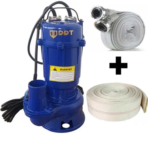 Pachet promo Pompa apa murdara submersibila cu tocator si plutitor, DDT, WQCD, 2200 W, 8 m ³ h + Furtunul de pompier 2 20 m, 8 bari, cu cuple + Furtun de pompier 2 20 m