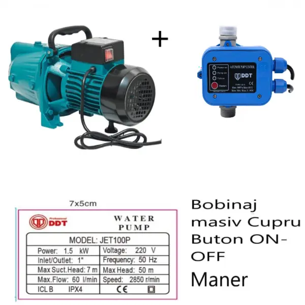 Pachet promo Pompa de suprafata JET100P, 1.5kW, apa curata, 60L min, 50m, 1 cu buton pornire-oprire si bobinaj masiv cupru + Presostat electronic automat DDT LS1, 1.1kW, 10 bar