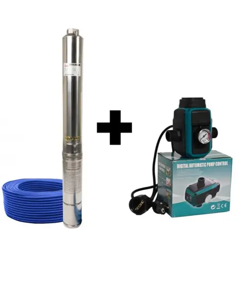 Pachet promo Pompa submersibila de mare adancime, DDT, 4SDM3-20, 2500 W, 20 turbine, 12 m ³ h Inox, 30 m cablu + Presostat electronic inteligent digital reglabil DDT