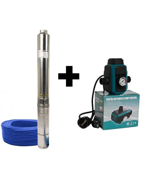 Pachet promo Pompa submersibila de mare adancime, DDT, 4SDM3-7, 1500 W, 7 m ³ h, 7 turbine, Inox, 30 m cablu + Presostat electronic inteligent digital reglabil DDT