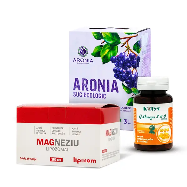 Pachet Q-Omega 3 6 9 + Magneziu Liporom + Aronia 3L