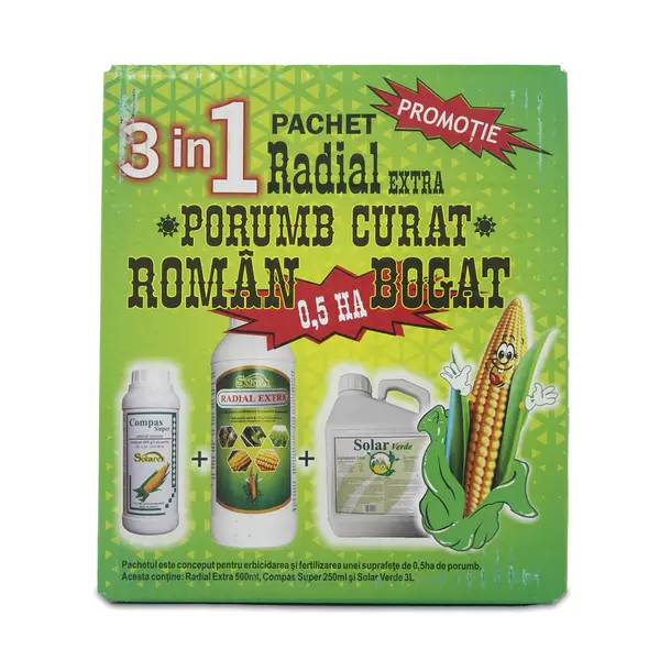 Pachet Radial Porumb curat 0.5 Ha, Solarex, contine erbicid pentru buruieni monocotiledonate si dicotiledonate (Radial Extra+ Compas Super) si ingrasamant foliar (Solar Verde) - Default Title