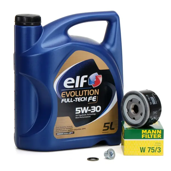 Pachet Revizie Ulei Motor Elf Evolution Full Tech FE 5W-30 5L + Filtru Ulei Mann Filter Nissan Kubistar 2003 W75 3 + Buson Golire Baie Ulei Fa1