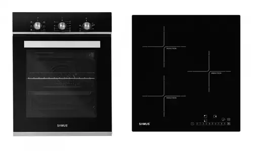 Pachet Samus-45-B16 Cuptor incorporabil Samus SC457GTBV, 43 L, 1900 W, 6 functii, Ventilator, Grill, Clasa energetica A, Timer mecanic + Plita incorporabila inductie Samus PSI-43BG1, 5800 W, 3 zone de gatit, Touch control (Negru/Inox)