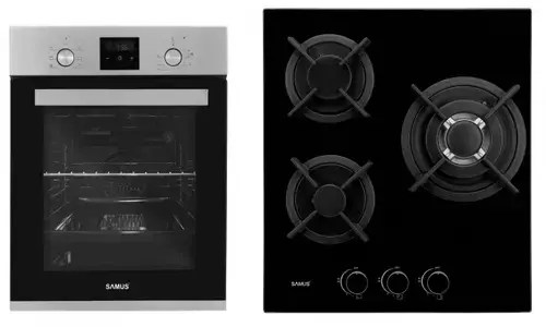 Pachet Samus 45-XB3 Cuptor incorporabil Samus SCE458GTXV, 1900 W, 43 l, 6 functii, Clasa A, Grill, Timer, Ventilator + Plita incorporabila Samus PSG-43SG1, 3 arzatoare pe gaz, panou de control, Sticla (Negru)