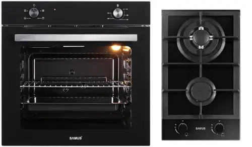 Pachet Samus B14 Cuptor incorporabil Samus SC621G4, Electric, 81 L, 4 functii + Plita incorporabila Samus PSG-32SG2, Gaz, 2 Arzatoare, Aprindere electrica, Siguranta (Negru)
