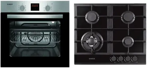 Pachet Samus ONL21 Cuptor incorporabil Samus SC617EXV, Electric, 58 L, 7 functii + Plita incorporabila Samus PSG-64SG1, Gaz, 4 arzatoare, Arzator WOK, Aprindere electrica (Negru)