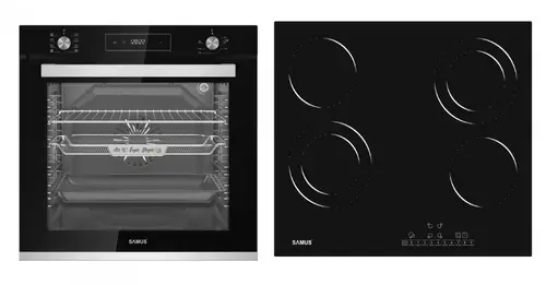 Pachet Samus ONL31 Cuptor incorporabil Samus SCE828GCF3D, 80 l, 2500 W, 8 functii, Clasa A, Gatire 3D, Grill, Ventilator, Timer digital + Plita incorporabila Samus PSVE-64BG3, Vitroceramica, 5800 W, 4 Zone de gatit (Negru)