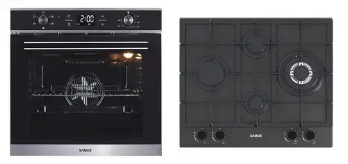 Pachet Samus ONL37 Cuptor incorporabil Samus SC625GDX5, Electric, 75 L, 5 functii + Plita incorporabila SAMUS PSG-64SMGN2, Gaz, 4 arzatoare, Gratare din fonta, Aprindere electrica, Sticla mata, 58 cm (Negru/Inox)