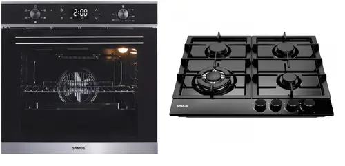Pachet Samus ONL38 Cuptor incorporabil Samus SC625GDX5, Electric, 75 L, 5 functii (Negru/Inox) + Plita incorporabila PSG-64SMB1, 4 arzatoare pe gaz, 1 arzator triplu, Montata pentru gaz natural (Negru)