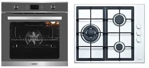 Pachet Samus V5 Cuptor incorporabil Samus SC626GDX9 GRAY, Electric, 75 L, Ventilator cu aer cald, 9 functii de preparare + Plita incorporabila Samus PSG-63SX1, Gaz, 3 arzatoare, Arzator Wok, Aprindere electrica (Inox)