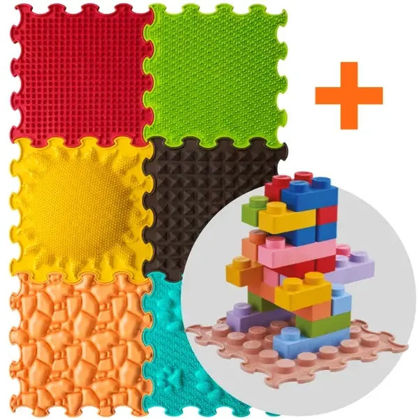 PACHET: Set 32 piese Blocuri de constructie 3D + Set 6 Covorase ortopedice si senzoriale, puzzle