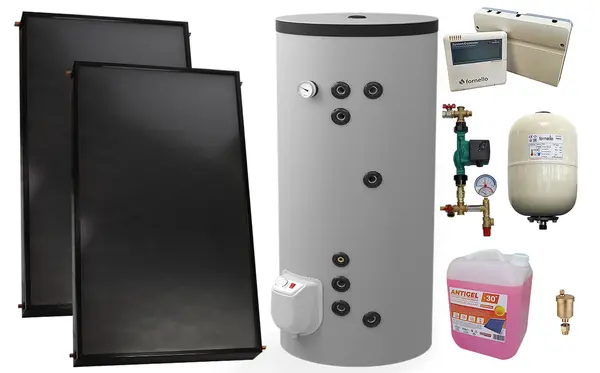 Pachet sistem solar presurizat, 2 x Panou solar plan Fornello 2.0 m² SPFP, Boiler cu 2 serpentine si rezistenta electrica Eldom FV20060S21 de 200 l, grup pompare, controller, vas expansiune, antigel, aerisitor 1