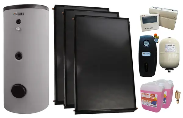 Pachet sistem solar presurizat, 3 x Panou solar plan Fornello 2.0 m² SPFP, Boiler de SOL cu 2 serpentine Fornello Optima EV 300 LT 2S, Grup pompare, Controller, Vas expansiune, Antigel, Aerisitor