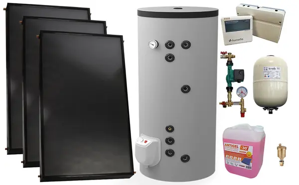 Pachet sistem solar presurizat, 3 x Panou solar plan Fornello 2.0 m² SPFP, Boiler cu 2 serpentine si rezistenta electrica Eldom FV30067S21, 9000 W, 300 l, grup pompare, controller, vas expansiune, antigel, aerisitor 1/2