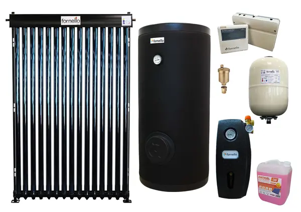 Pachet sistem solar presurizat, panou Fornello 15 Tuburi Heat Pipe, Grup pompare, Boiler cu 2 serpentine FORNELLO SOL 150 LT 2S, Controller, Vas expansiune, Aerisitor 1/2, Antigel