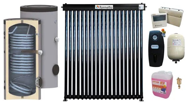 Pachet sistem solar presurizat, Panou Fornello 20 Tuburi Heat Pipe, Boiler cu 2 serpentine SON 150 litri, Controller, Vas expansiune, Grup pompare, Aerisitor, Antigel