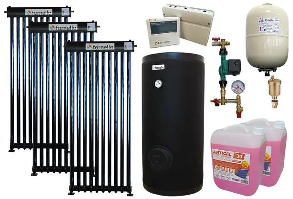 Pachet sistem solar presurizat, panou Fornello 30 Tuburi Heat Pipe, Boiler cu 2 serpentine Fornello SOL 300 LT 2S, controller, vas expansiune, grup pompare, aerisitor 1/2, antigel