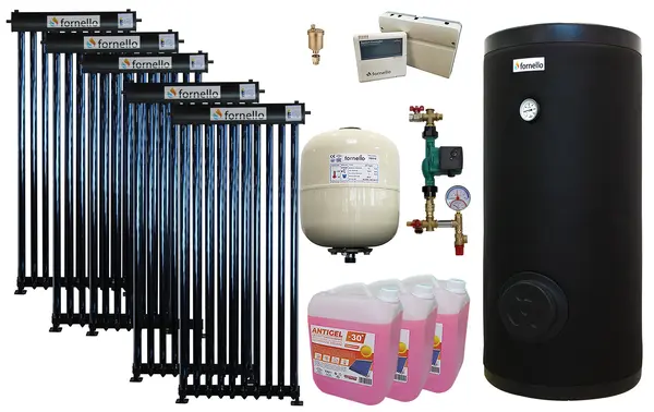 Pachet sistem solar presurizat, panou Fornello 50 Tuburi Heat Pipe, Boiler cu 2 serpentine Fornello SOL 500 LT 2S, controller, vas expansiune, grup pompare, aerisitor 1/2, antigel