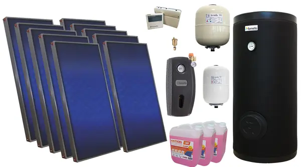 Pachet solar premium, presurizat, 10x panou plan Sunsystem PК SL FP 2.0, Boiler cu 2 serpentine Fornello SOL 1000 LT 2S, controller, vas expansiune solar, vas expansiune sanitar, grup pompare Fornello (pompa OHI), aerisitor 1/2, antigel