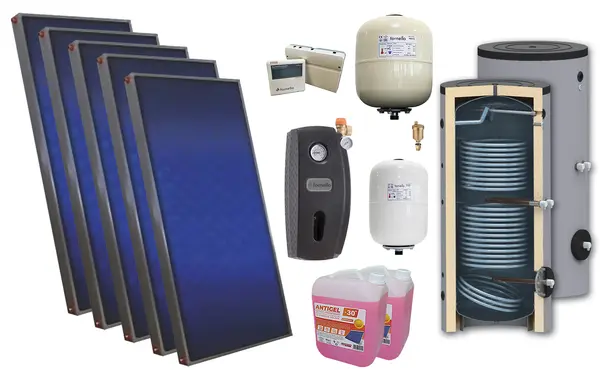Pachet solar premium, presurizat, 5x panou plan Sunsystem PК SL FP 2.0, Boiler cu 2 serpentine Sunsystem SON 500 2S, controller, vas expansiune solar, vas expansiune sanitar, grup pompare Fornello (pompa OHI), aerisitor, antigel