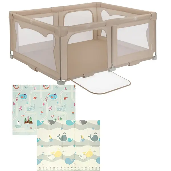Pachet Tarc de joaca copii, Lionelo, Florence, 150 x 180 cm, Conform cu EN 12227:2010, Bej si Covoras educativ, Bocioland, Water City, Impermeabil, 150 x 180 cm