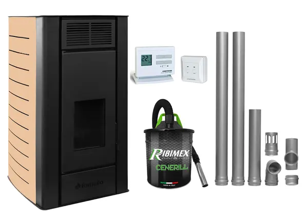 Pachet Termosemineu centrala pe peleti Fornello SERENA W25, 25 kw, culoare Ivory, complet echipat cu kit evacuare 2.5 ml, Termostat Radio Comanda Computherm Q3 RF, Aspirator Cenusa, suprafata incalzita pana la 150 mp
