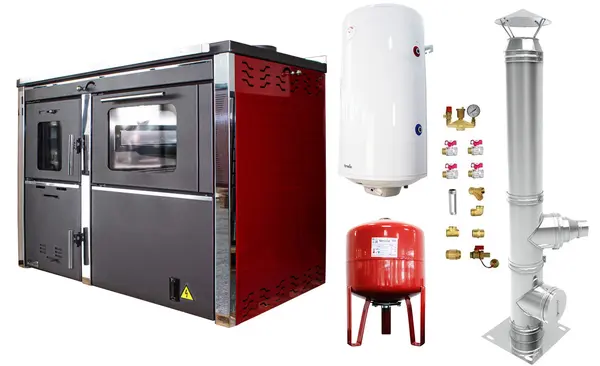 Pachet Termosemineu FORNELLO STAR Red 34 kw pe combustibil solid ( lemn,carbune,bricheti ) prevazut cu plita si cuptor pentru gatit, echipat cu pompa de circulare, cos inox, boiler termoelectric 100l, vas expansiune, kit montaj